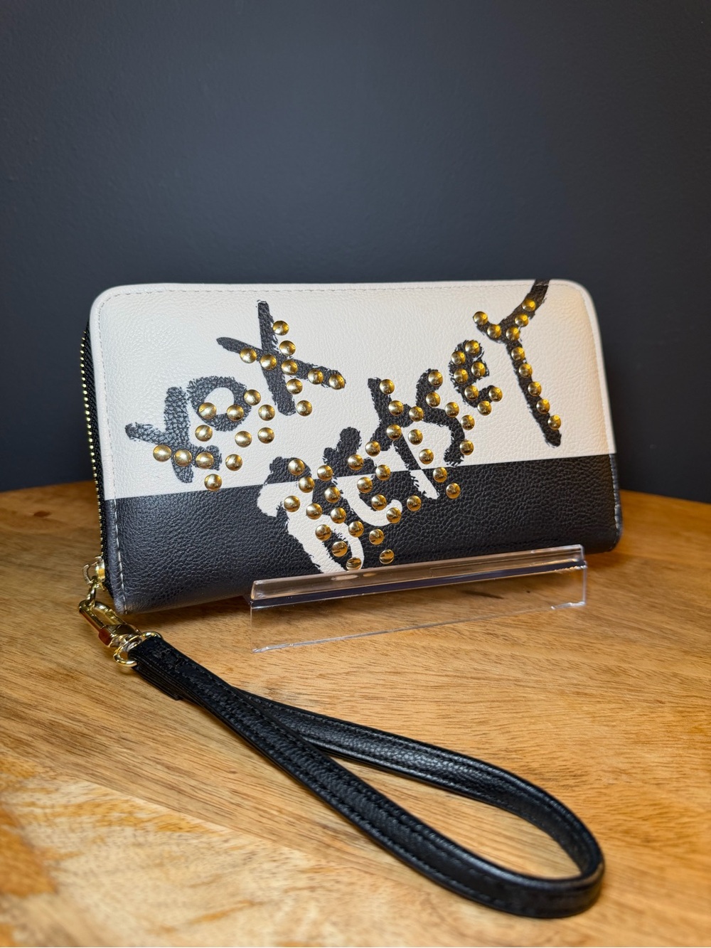 Betsey Johnson White and Black Studded Zip-Around Wristlet Wallet